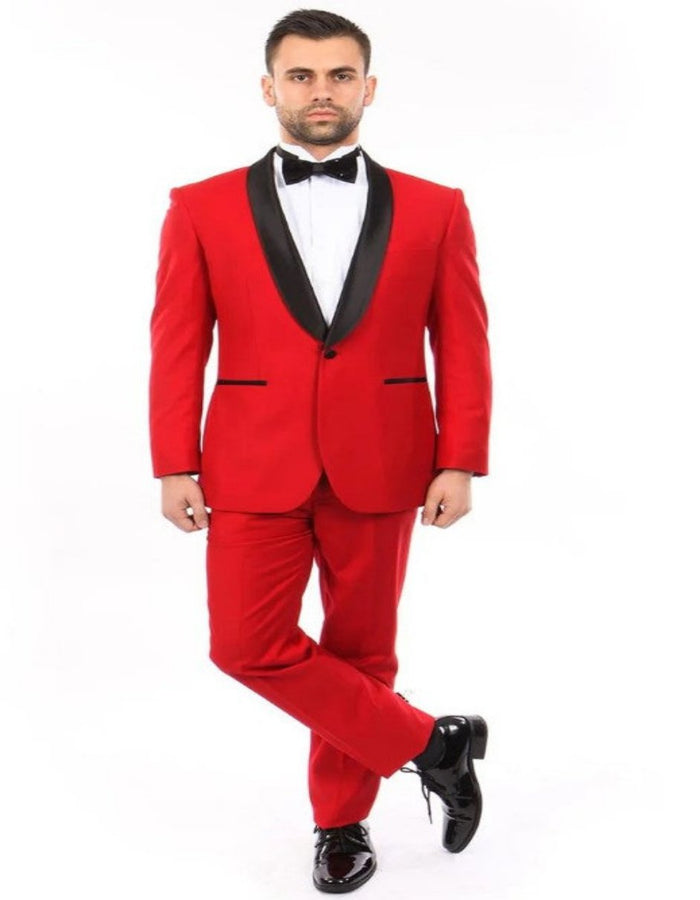 Men’s 1-Button Classic Slim-Fit Red Suit with Shawl Lapel