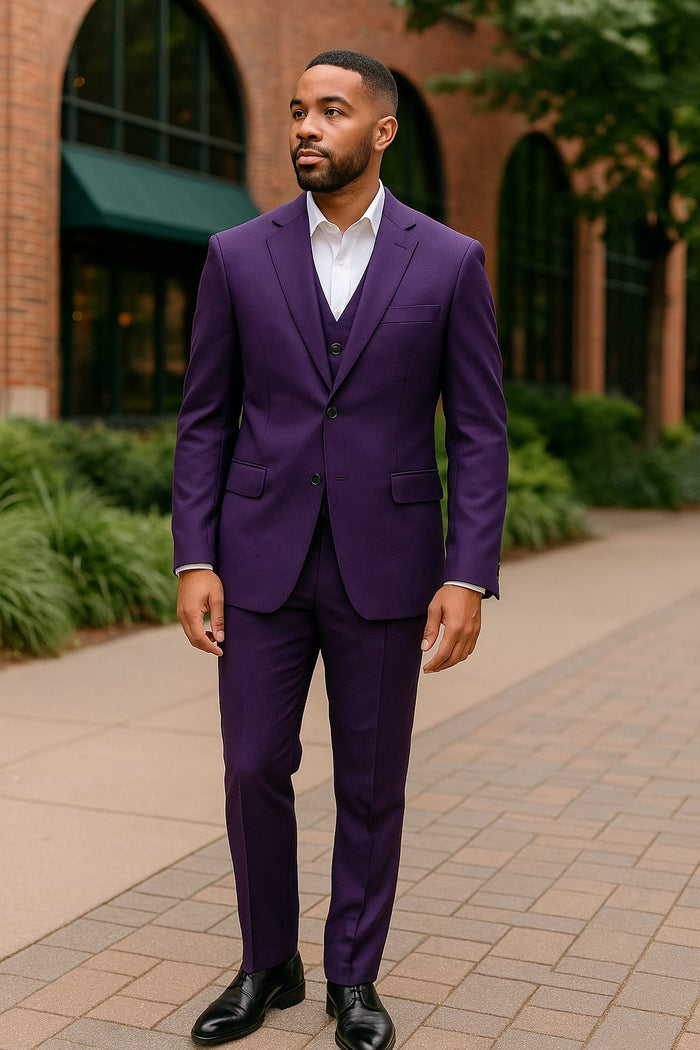 Men’s Classic Three-Piece Purple Suit – Formal Slim Fit Set with Vest