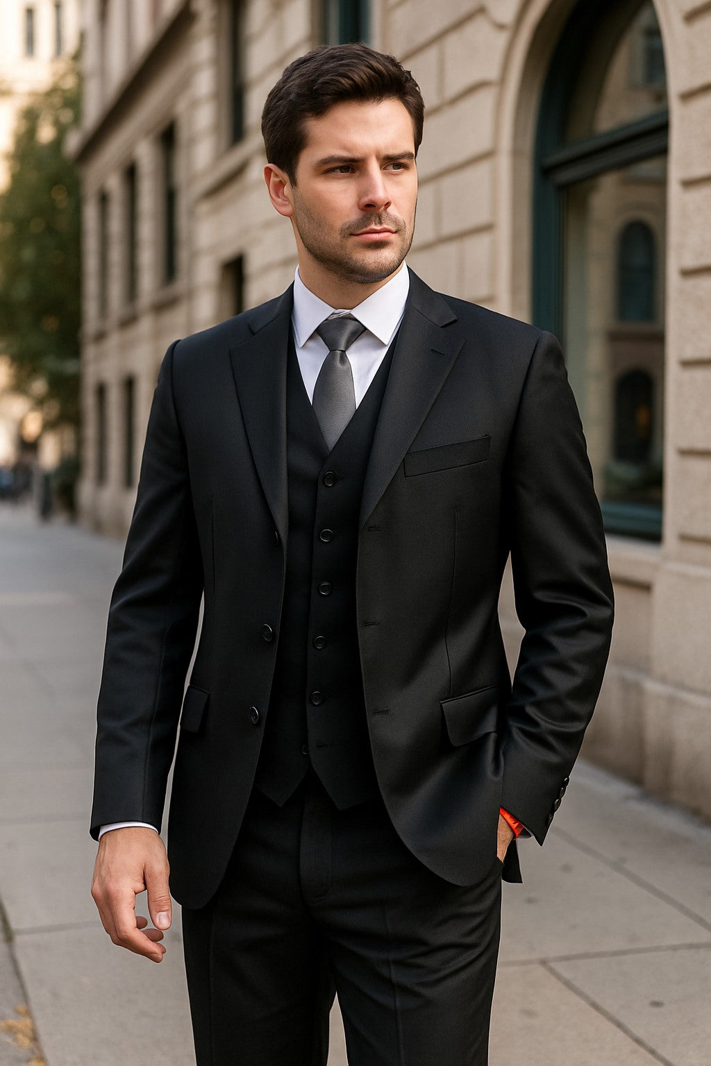 Classic Fit - Dark Grey Suit - Three Button Vested Suit - Athletic Fit - 100% Percent Wool Fabric Suit - Worsted Wool Business Suit