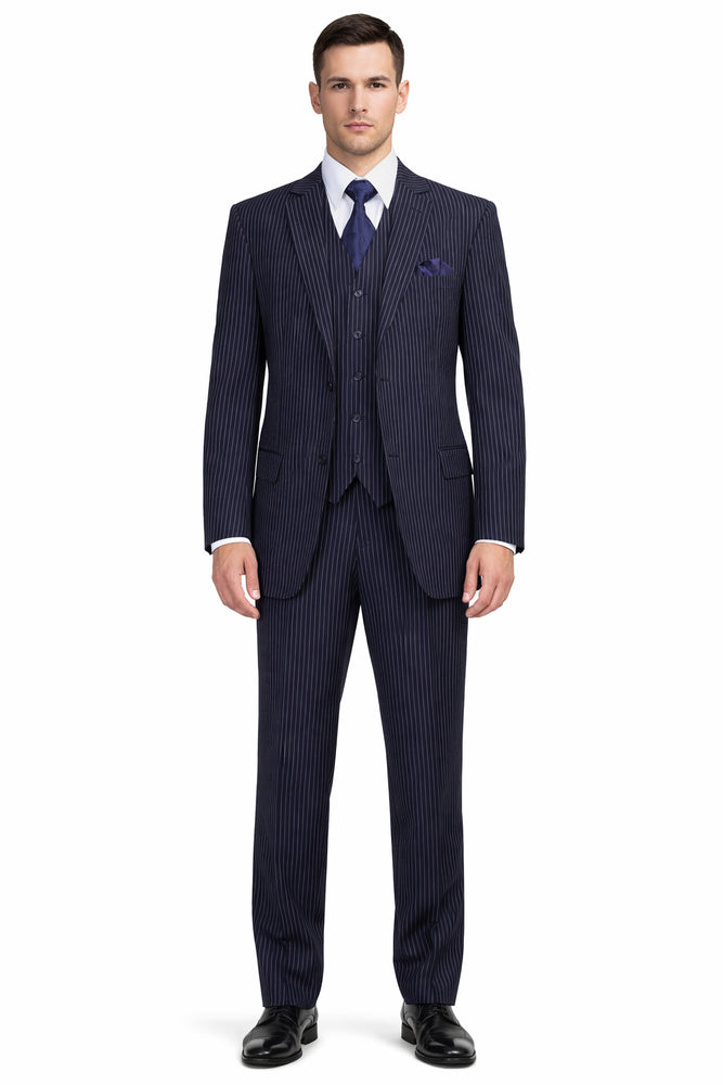 Classic Fit Pleated Pants - 2 Button Suit Pinstripe - Vested Suit 3 Pieces Suits Navy