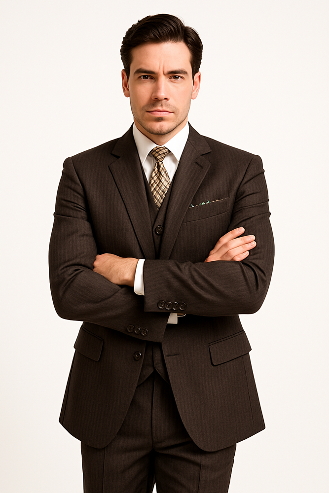 Classic Vested 3 Pieces 2 Button Dark Brown Stripe ~ Pinstripe Men's Suit