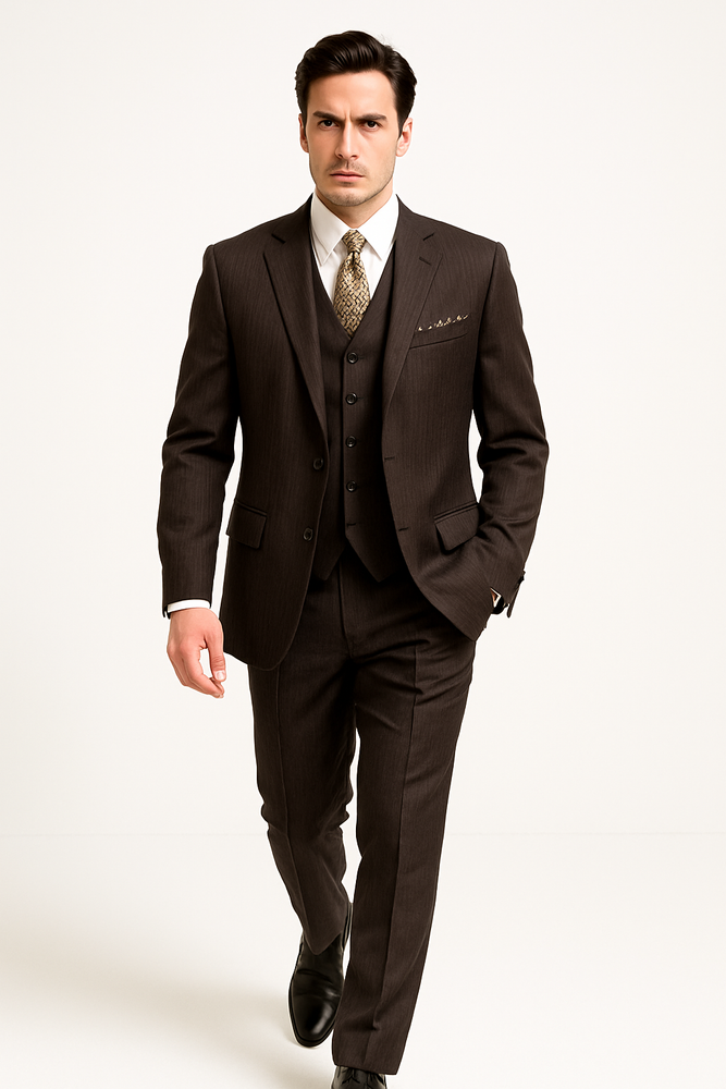 Classic Vested 3 Pieces 2 Button Dark Brown Stripe ~ Pinstripe Men's Suit
