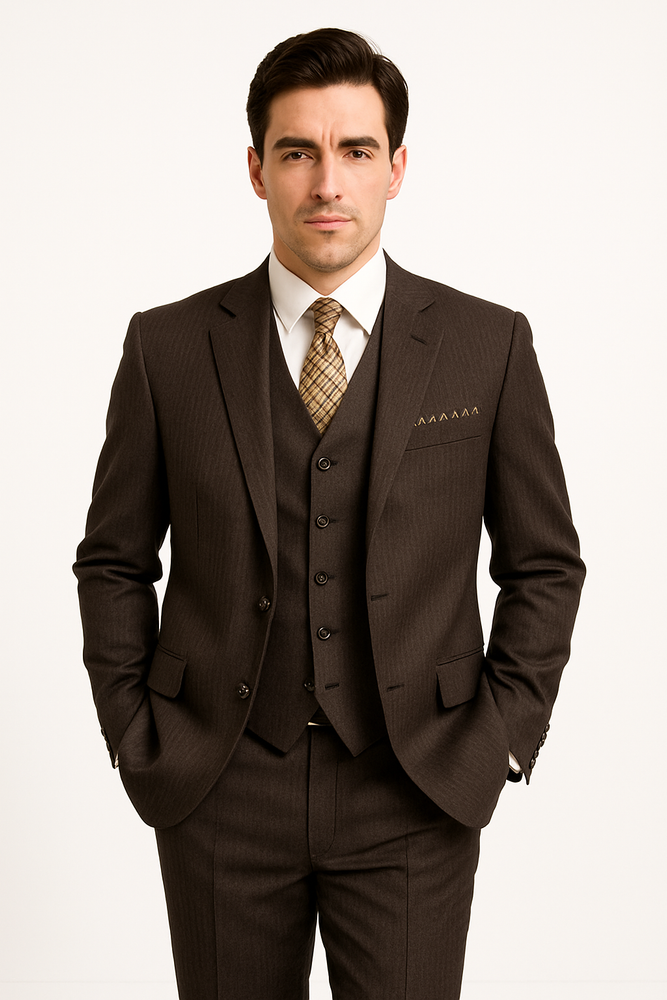 Classic Vested 3 Pieces 2 Button Dark Brown Stripe ~ Pinstripe Men's Suit
