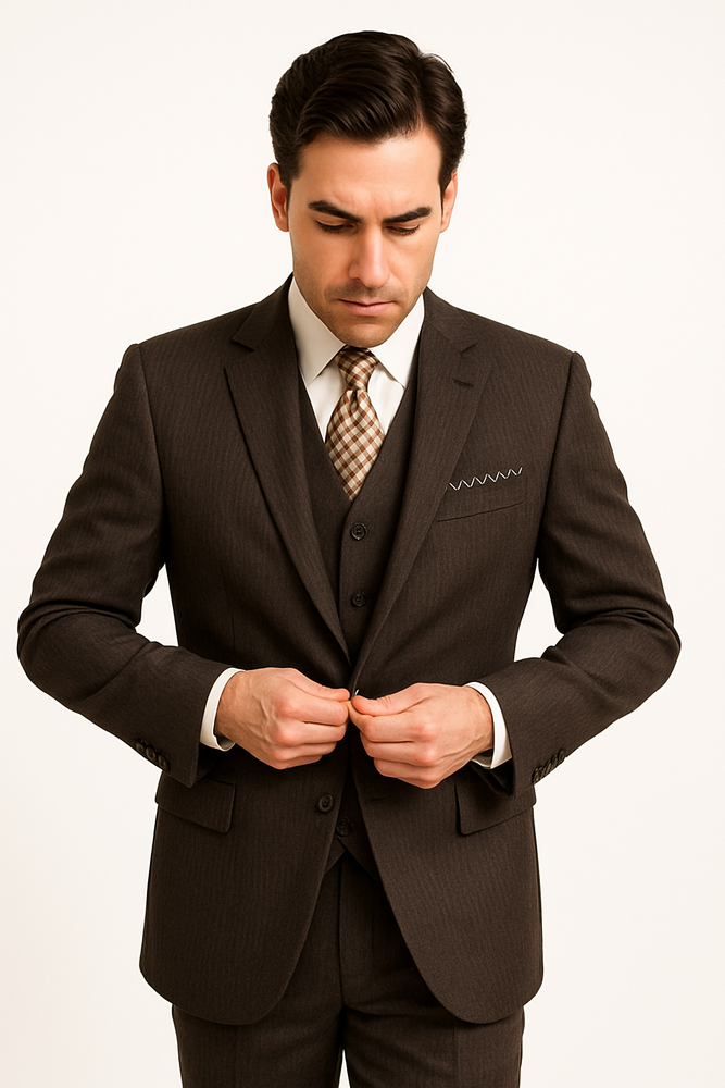 Classic Vested 3 Pieces 2 Button Dark Brown Stripe ~ Pinstripe Men's Suit