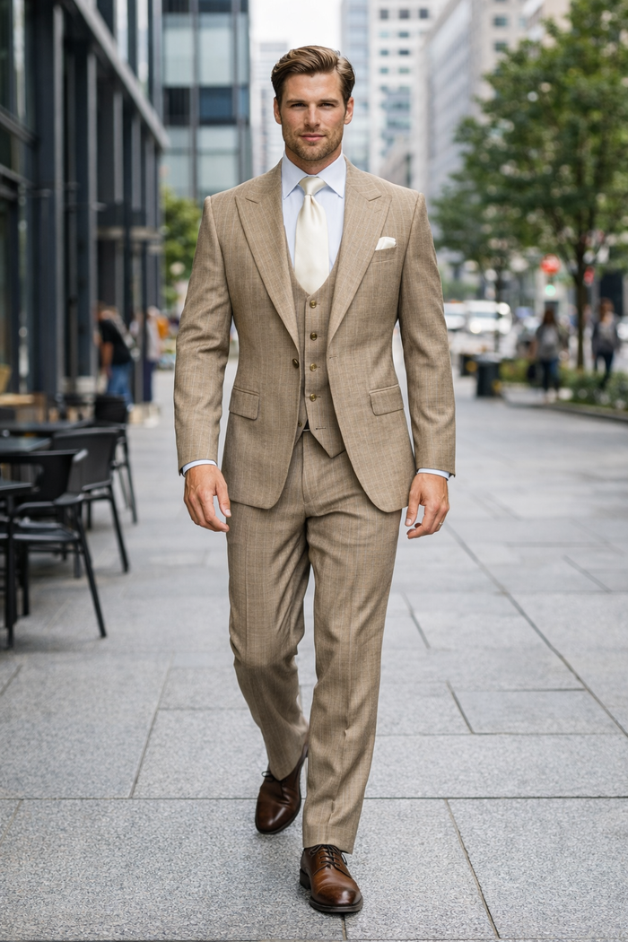 Sandstone Legacy Tan Pinstripe 3-Piece Artisan Suit by Rossiman