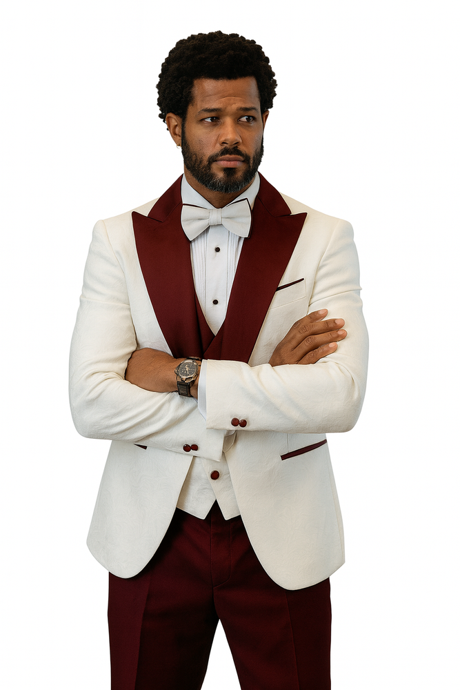 Hilton White and Burgundy Paisley Peak Lapel Tuxedo Jacket with Matching Shawl Vest and Wool Pants – Includes Bow Tie