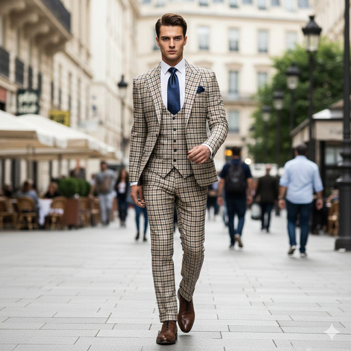 Rossiman Monarch Tan & Navy Grid 3-Piece Signature Suit