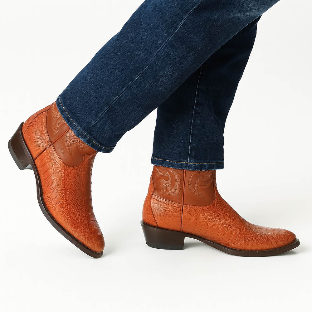 Men's Cognac Ostrich Leg Cowboy Boots: Genuine Leather Western Dress Boots