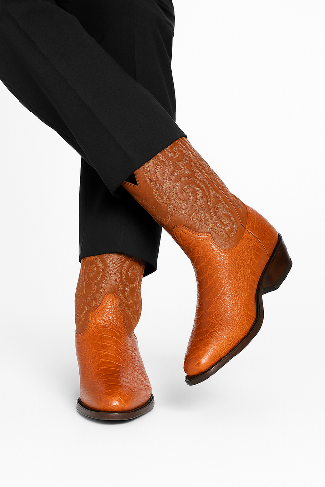 Men's Cognac Ostrich Leg Cowboy Boots: Genuine Leather Western Dress Boots
