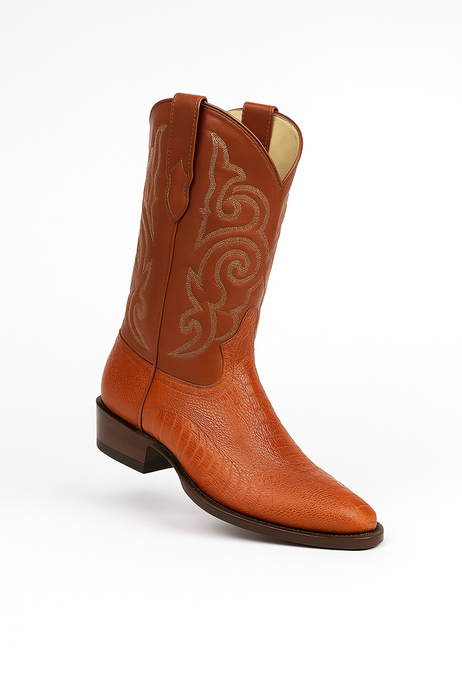 Men's Cognac Ostrich Leg Cowboy Boots: Genuine Leather Western Dress Boots