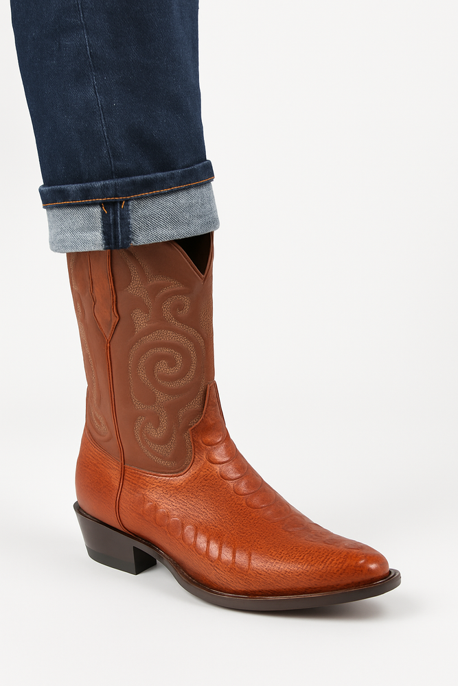 Men's Cognac Ostrich Leg Cowboy Boots: Genuine Leather Western Dress Boots