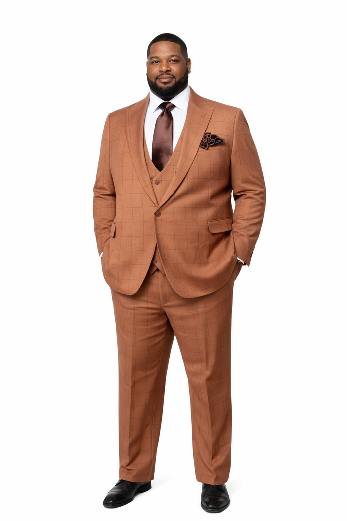 Cognac Windowpane 3-Piece Modern Executive Suit by Rossiman