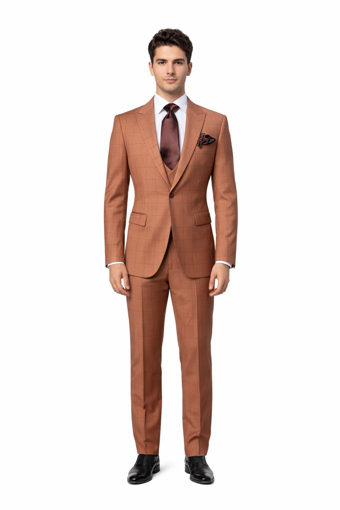Cognac Windowpane 3-Piece Modern Executive Suit by Rossiman