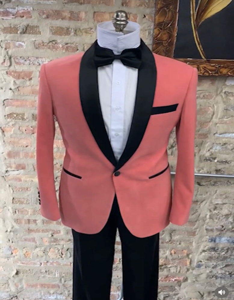 Men’s Coral Pink Tuxedo Jacket with Black Satin Shawl Lapel Velvet Fabric – Modern Slim Fit Formal Blazer