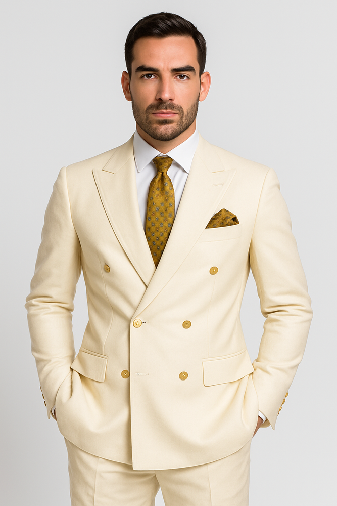 Off White - Ivory - Cream Color White Double Breasted Stylish Peaked Lapel Men Suits