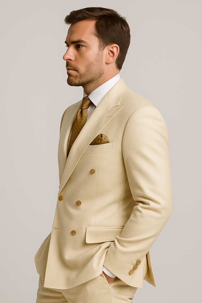 Off White - Ivory - Cream Color White Double Breasted Stylish Peaked Lapel Men Suits