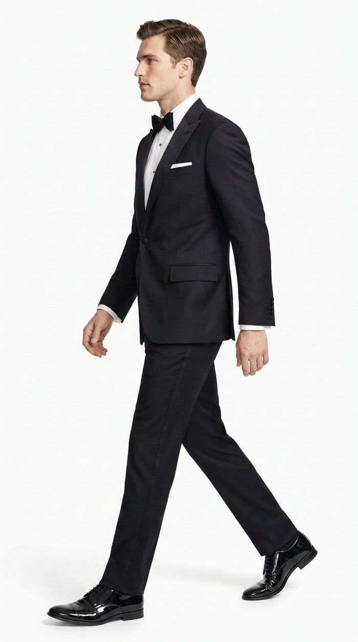 Men’s Black 100% Worsted Wool Tuxedo, Peak Lapel Formal Wedding Prom Dinner Suit