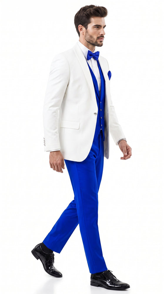 Men’s White and Royal Blue Tuxedo Wedding Suit – White Dinner Jacket with Royal Blue Vest, Pants & Bow Tie