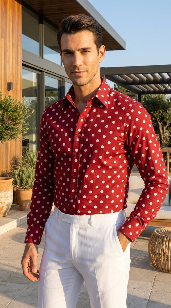 Men’s Multi-Color Cotton Polka Dot Dress Shirt with Tie, Fashion Pattern Button Down Shirt