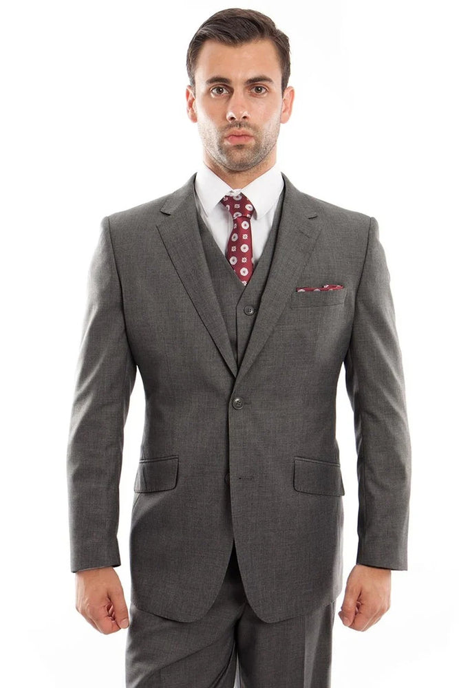 Zegarie Suits - Men's Designer Two Button Modern Fit Vested Wool Suit in Charcoal Grey