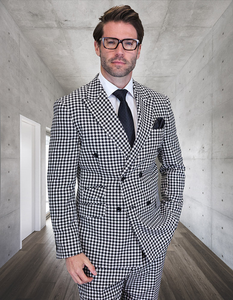 Double Breasted Suits - Vested Suits Wool Fabric  - Black Houndstooth Suit