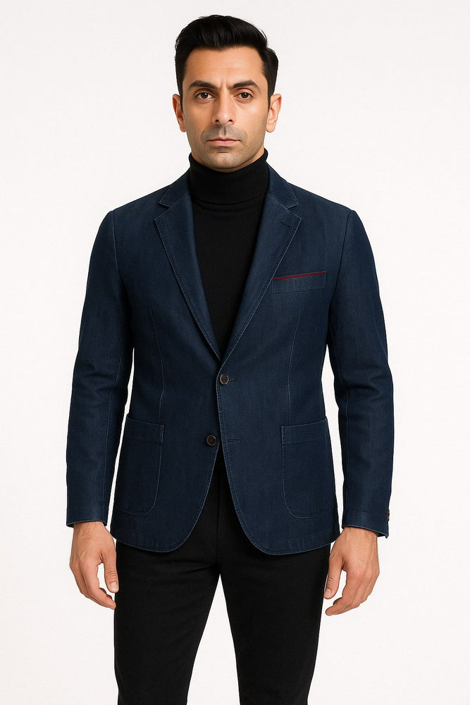 Mens Dark Blue Denim Casual Blazer with Notch Lapel and Single Button Closure