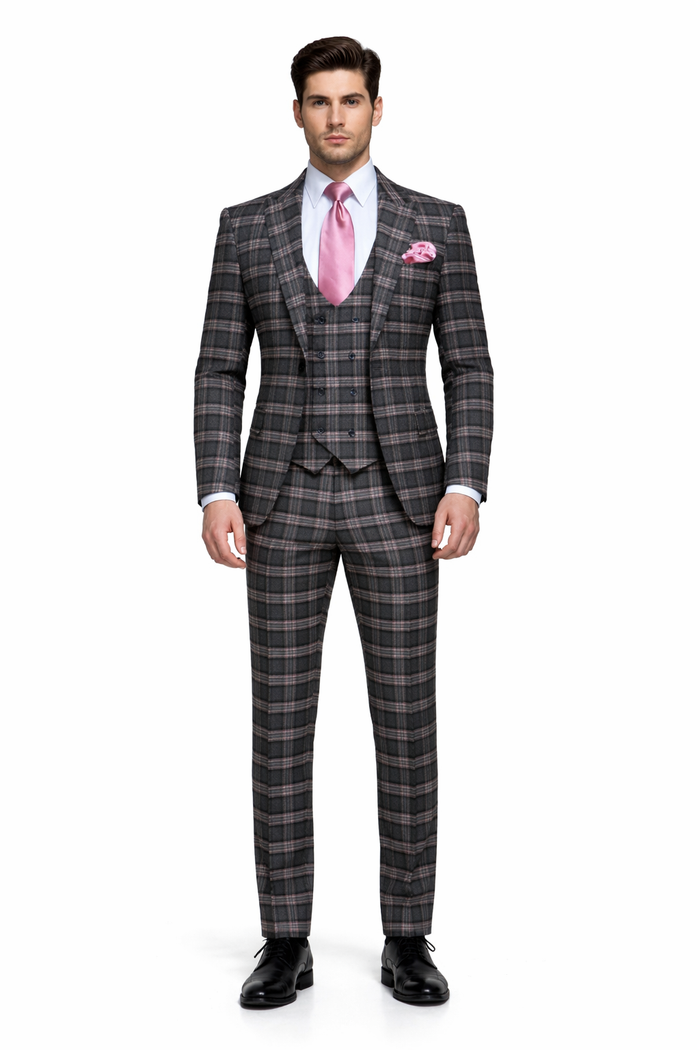Dark Green & Pink Windowpane Tailored 3-Piece Luxury Suit by Rossiman