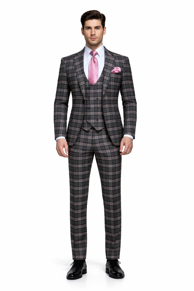 Dark Green & Pink Windowpane Tailored 3-Piece Luxury Suit by Rossiman