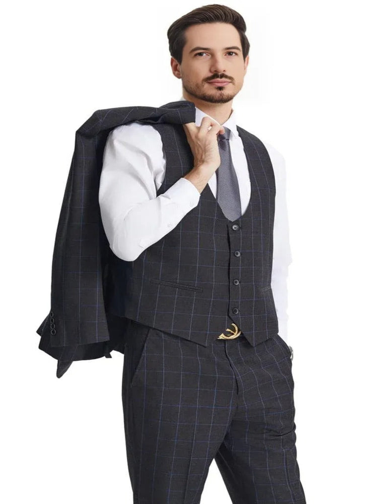 Men's Stacy Adams Peak Lapel Charcoal Grey Windowpane Dark Grey Suit