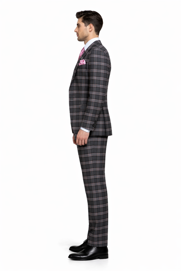 Dark Green & Pink Windowpane Tailored 3-Piece Luxury Suit by Rossiman