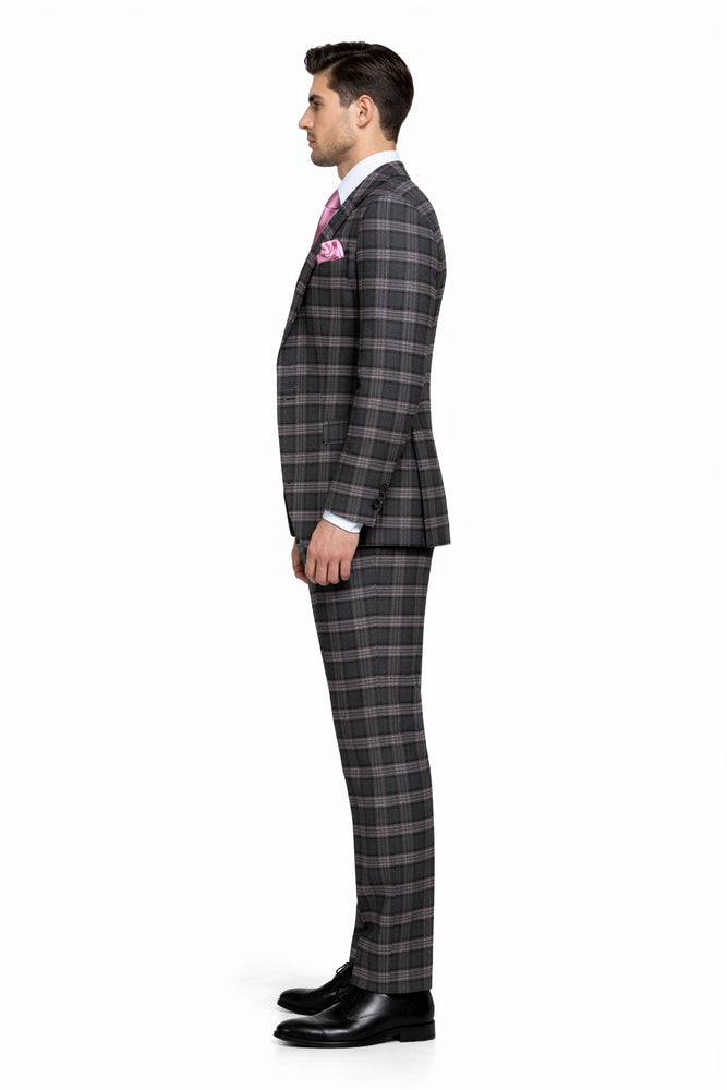 Dark Green & Pink Windowpane Tailored 3-Piece Luxury Suit by Rossiman