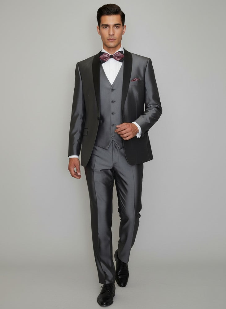 Men's Gray Black Shawl Tuxedo Slim Fitted 3 Piece Two Toned Shiny Sharkskin Suit