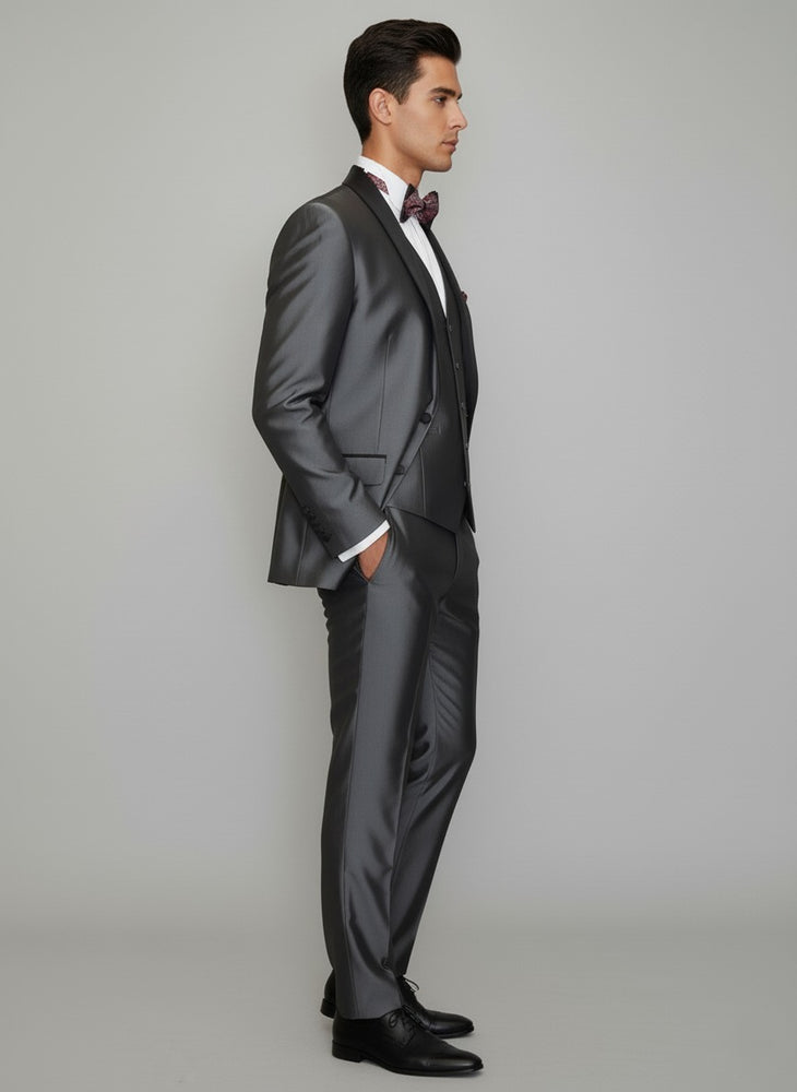 Men's Gray Black Shawl Tuxedo Slim Fitted 3 Piece Two Toned Shiny Sharkskin Suit