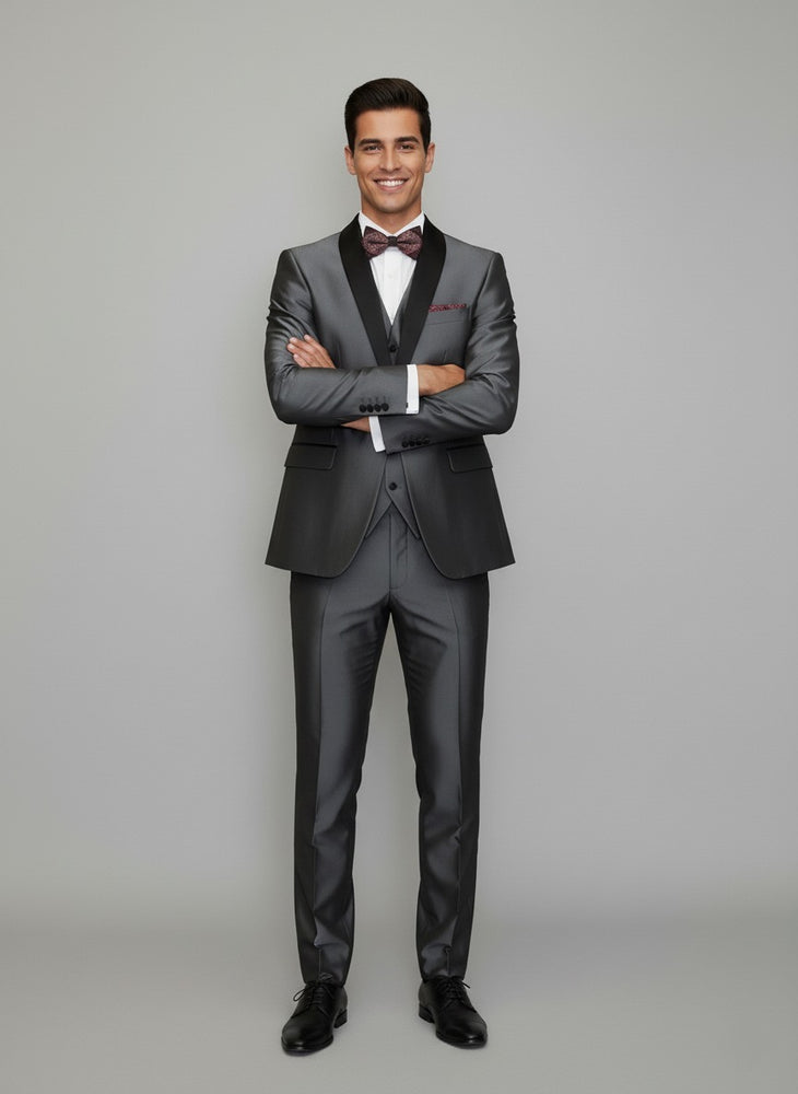 Men's Gray Black Shawl Tuxedo Slim Fitted 3 Piece Two Toned Shiny Sharkskin Suit