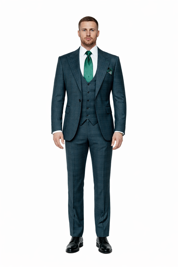 Deep Teal Crosshatch Plaid 3-Piece Tailored Suit with Satin Emerald
