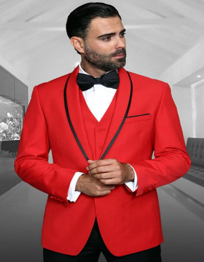 Mens One Button Vested Satin Trim Shawl Wedding and Prom 2026 Tuxedo in Red