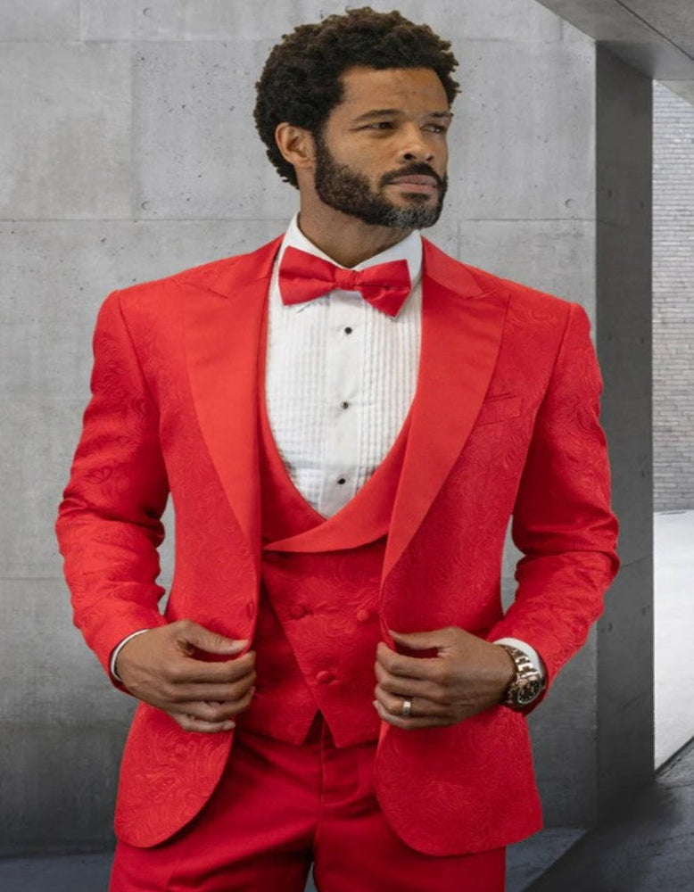 Mens Double Breasted Vested Tonal Paisley Wedding and Prom 2025 Tuxedo in Red