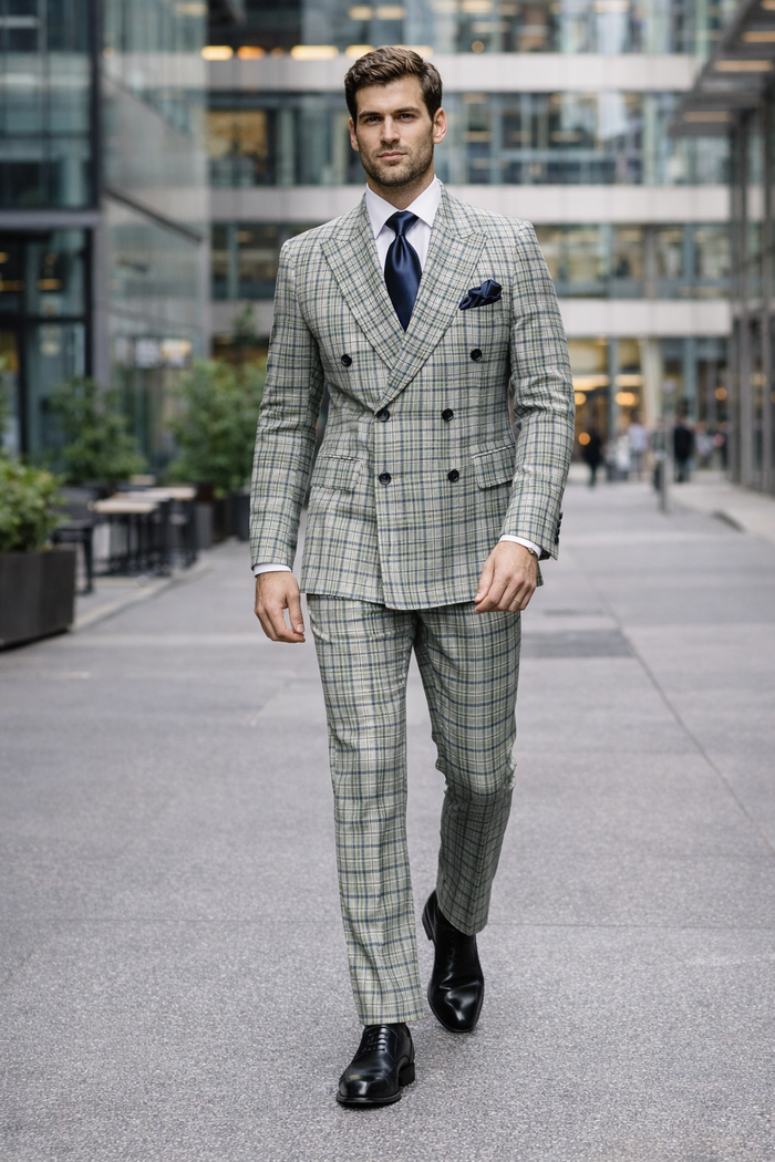 Rossiman Regency Cream & Navy Plaid Double Breasted Suit