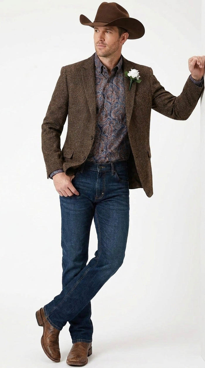 Men’s Brown Western Tweed Herringbone Blazer Jacket – Classic Cowboy Style Sport Coat for Wedding Party