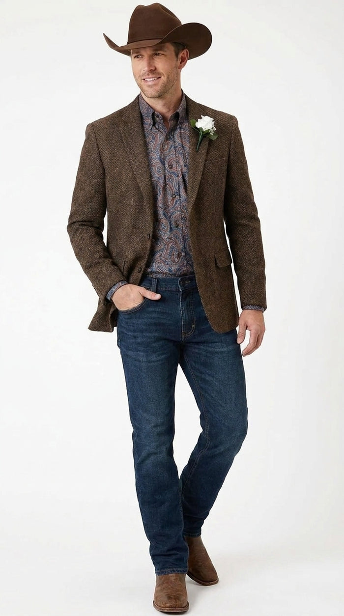 Men’s Brown Western Tweed Herringbone Blazer Jacket – Classic Cowboy Style Sport Coat for Wedding Party