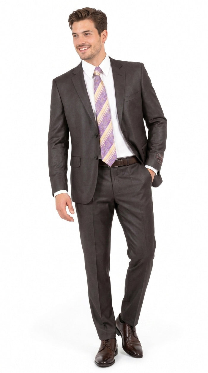 Men’s Dark Brown Shiny Sharkskin 2 Button Suit, Formal Wedding Business Dress Suit