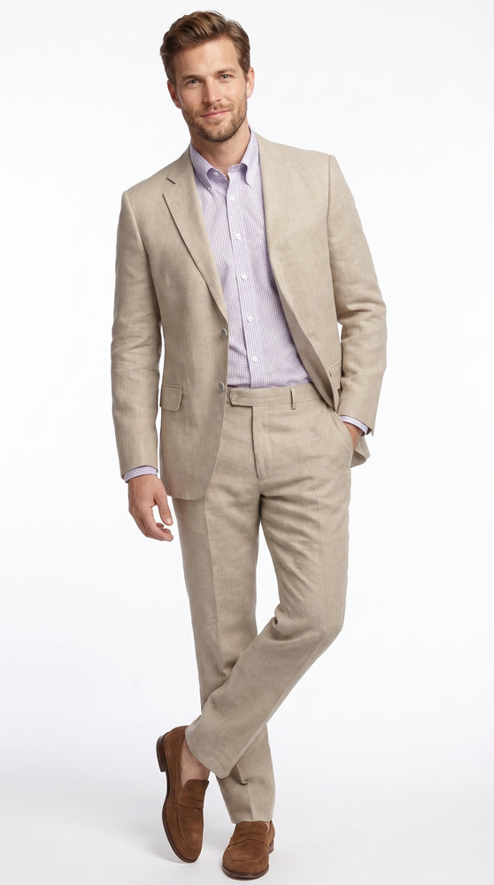 Men’s Beige Natural Big and Tall Linen Suit, Summer Wedding and Business Dress Suit