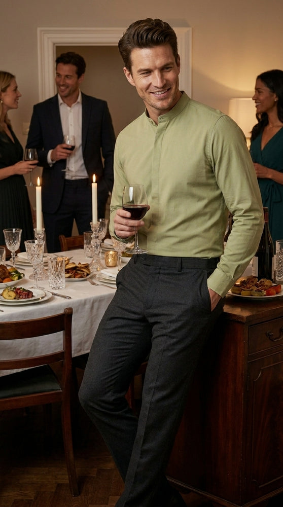 Men’s Tan Mandarin Collar Dress Shirt, Collarless Banded Collar Formal Preacher Shirt