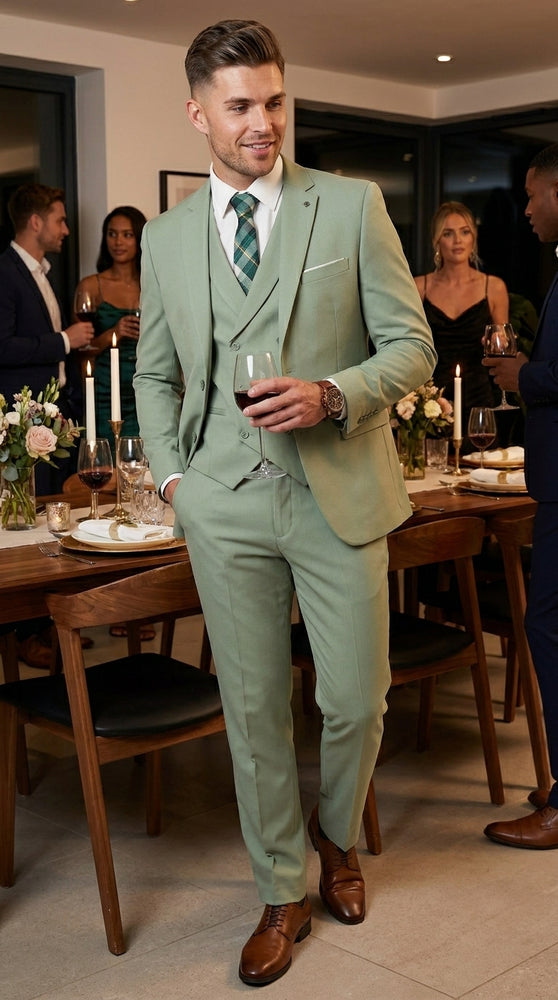 Men’s Sage Green 3 Piece Suit with Jacket, Vest and Pants, Light Green Summer Wedding Suit