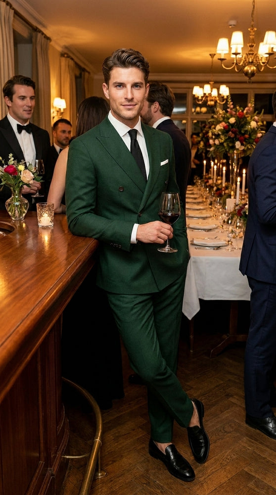 Men’s Olive Green Double Breasted Suit with Gold Buttons, Designer Wool Formal Wedding Business Suit Set