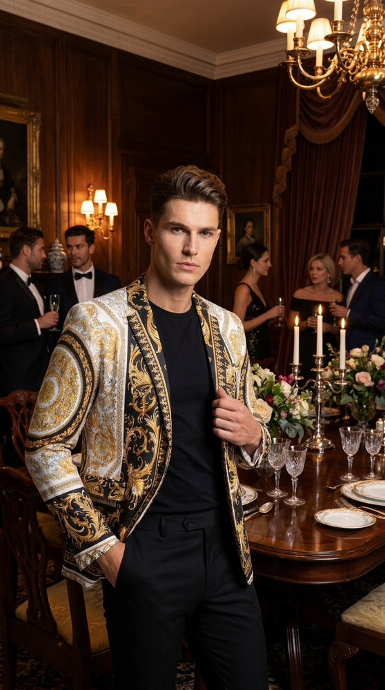 Men’s Black and Gold Baroque Print Blazer – Luxury Yellow Pattern Sport Coat for Wedding, Prom and Party
