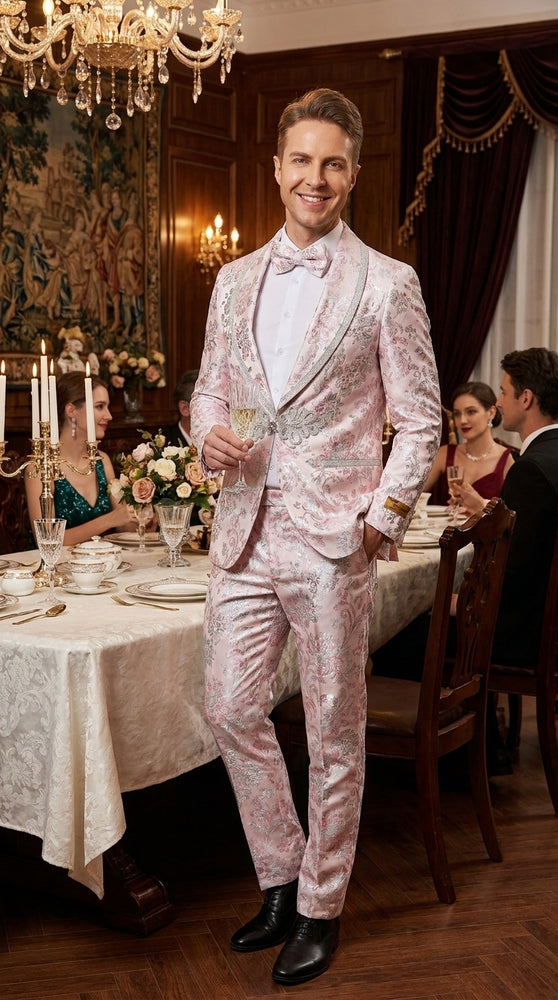 Men’s Pink Floral Paisley Prom Tuxedo with Silver Trim, Fancy Wedding Party Dinner Jacket Suit