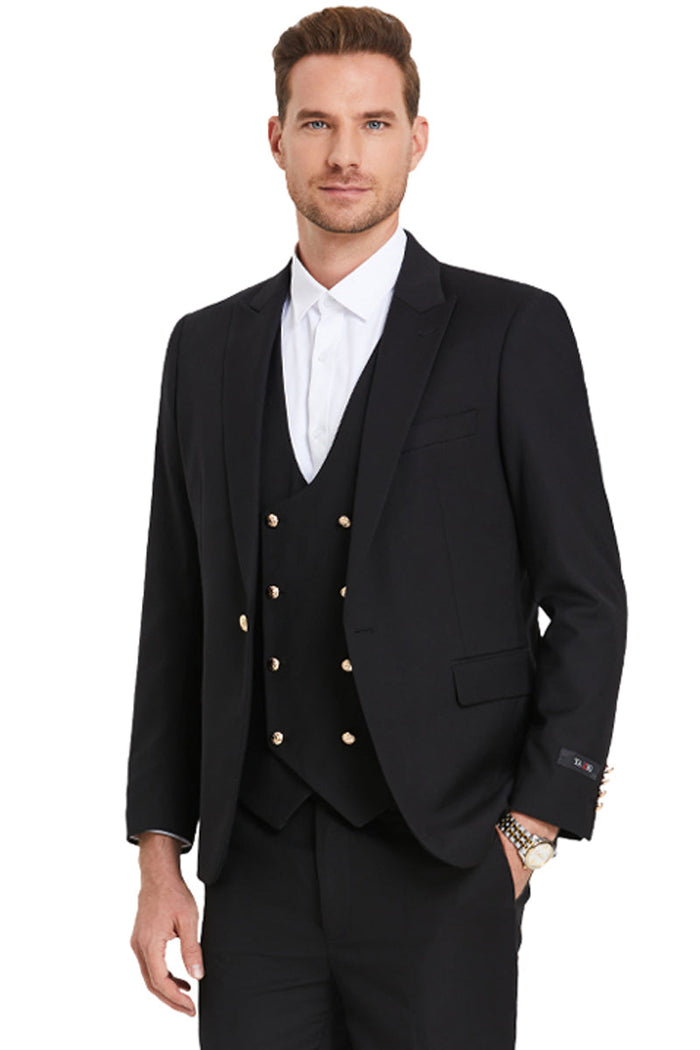 Men's Black Peak Lapel Suit with Gold Buttons