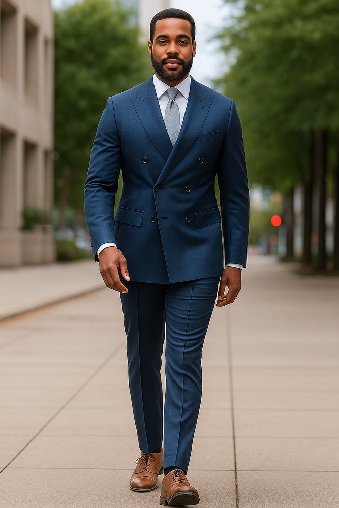 Mens Double Breasted Suit in Cobalt Blue Indigo Color - Modern Fit Side Vented Sapphire Color