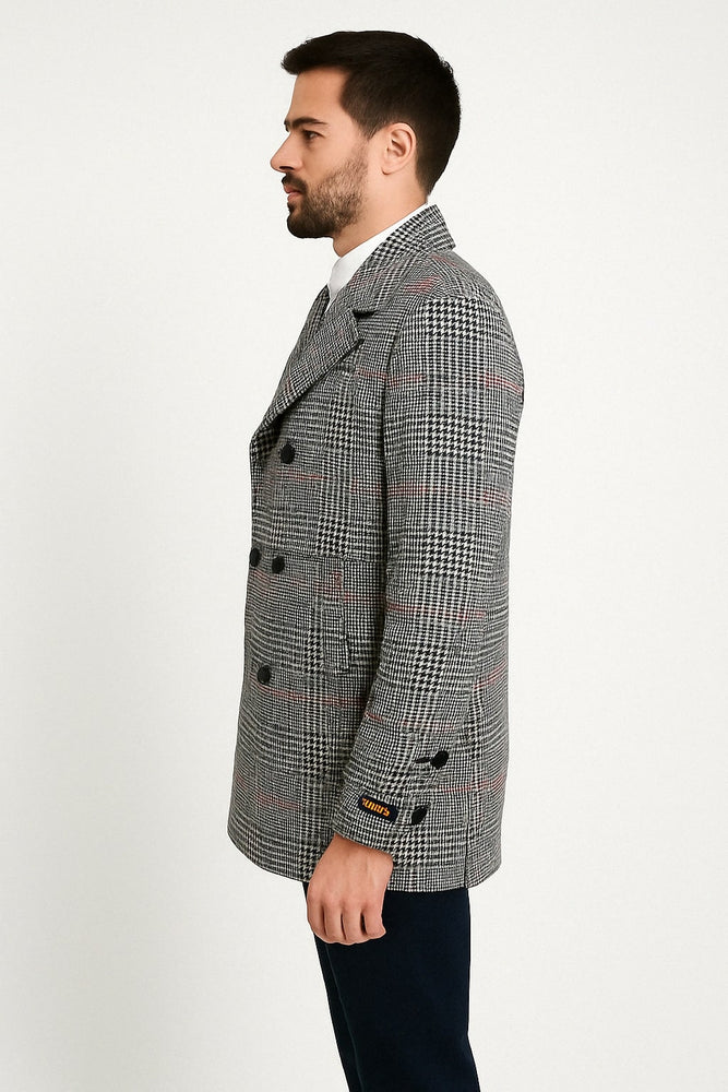 Mens Double-Breasted Houndstooth Plaid Overcoat in Black, White, and Red